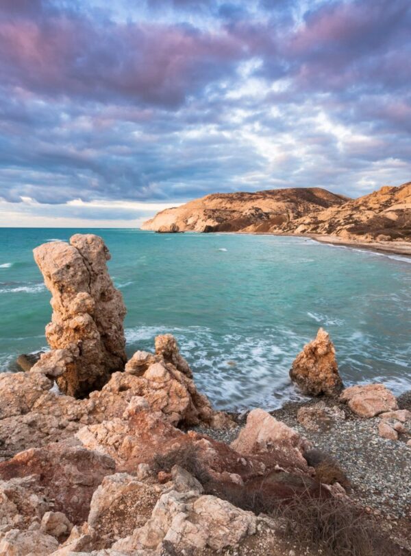 Petra tou Romiou, the birthplace of Aphrodite. Winter evening. Paphos. Cyprus.
